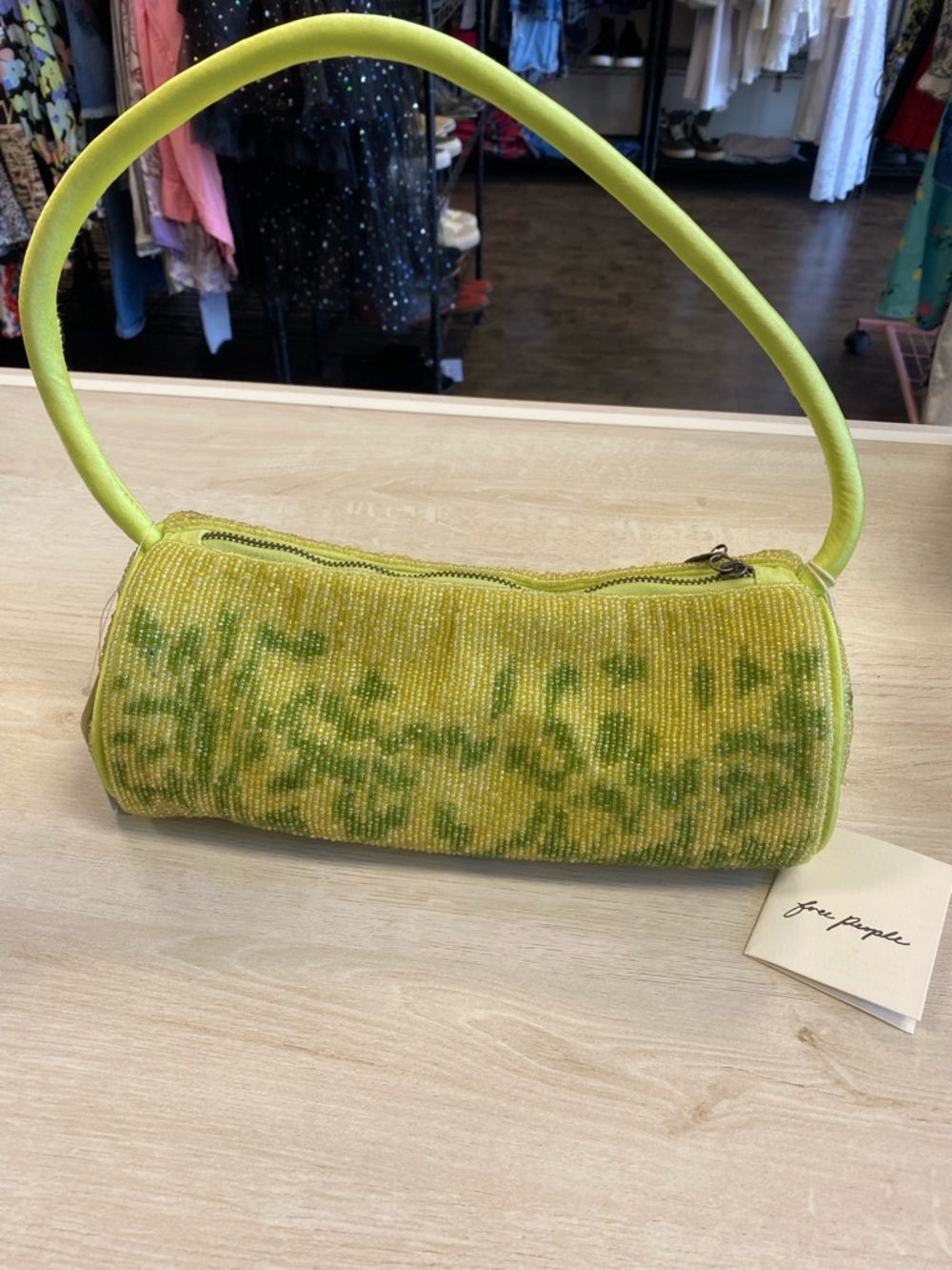 NWT Free People Matcha/Silver Bailey Beaded Barrel Bag